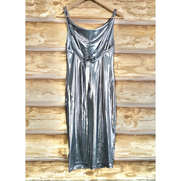 Rare London UO metallic silver draped neck dress - Picture 4 of 8